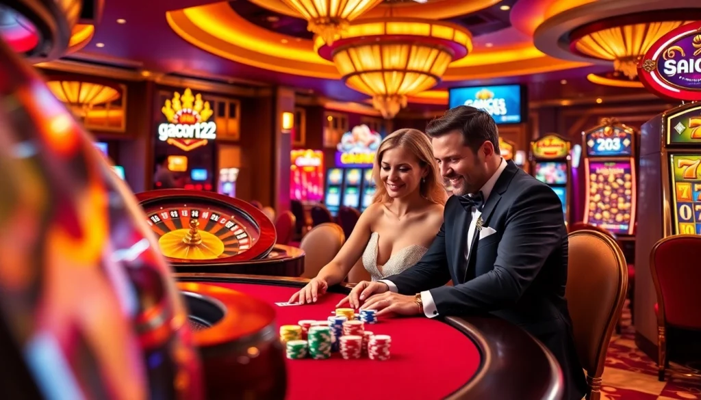 Experience the excitement of gacor123 at a high-stakes poker table with vibrant casino lights and chips.